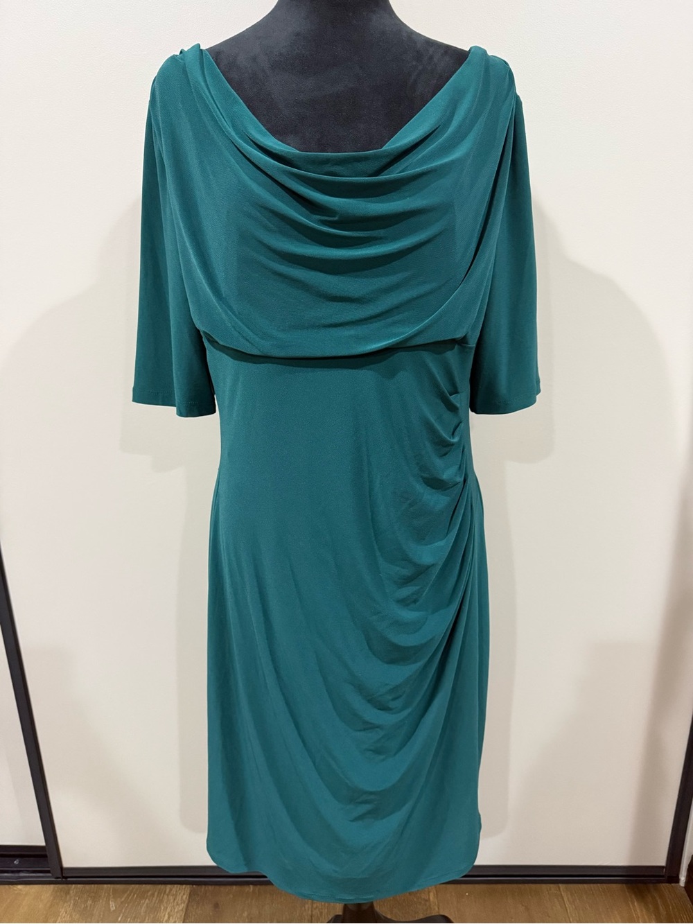 Lauren Ralph Lauren Spruce Green Draped Cowl Neck Ruched Midi Sheath Dress